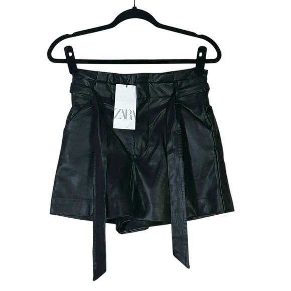 Zara Pants - NWT Zara Faux Leather Shorts Womens XS Black High Rise Belted Vegan Streetwear